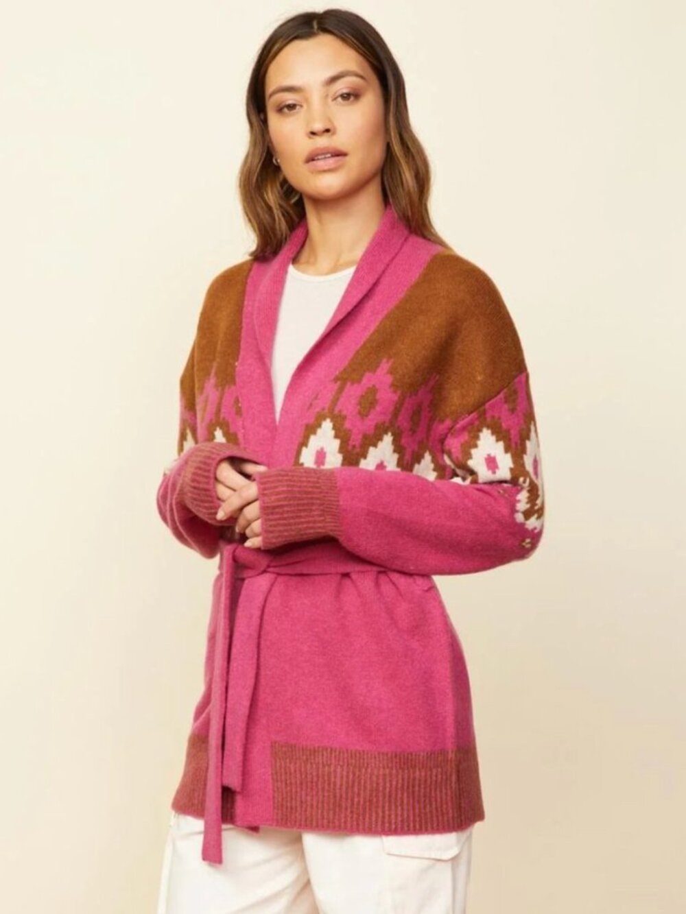 MONROW | Fair Isle Alpaca Wool Shawl Cardigan in Dragon Fruit Sz M